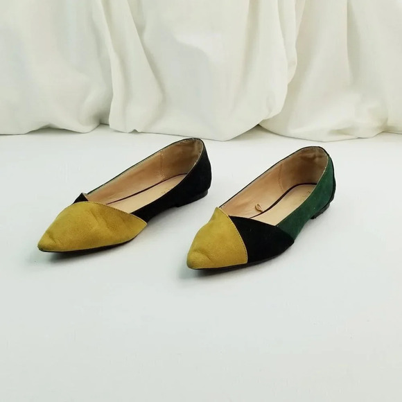 Zara Trafaluc Sz 37 (US 7-7.5) Dijon Yellow Black Green Suede Pointed Toe Flats - Picture 5 of 12